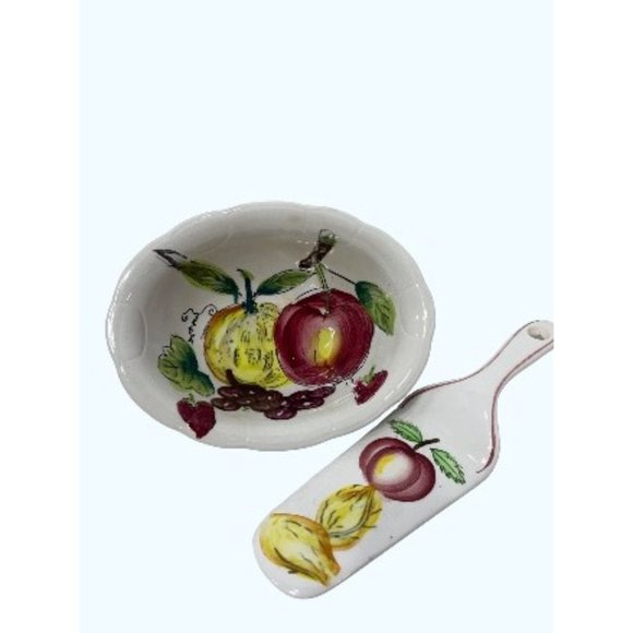 Two piece Italian Ceramic Serving Pieces Fruit Pie Server & Oval Bowl - Picture 1 of 4